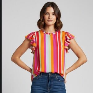 8/$25 Emily Wonder Multi-Color Striped Flutter Sleeve Top | Size 1